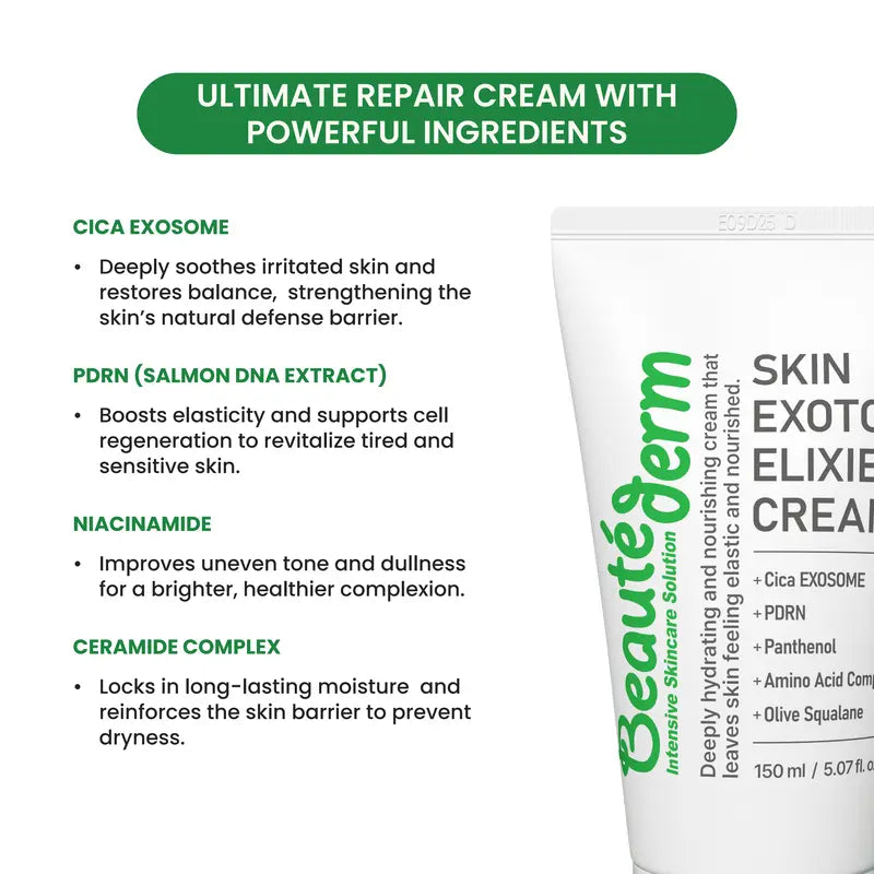 [Beauté Derm] Skin Exotoxin Elixier Cream - Contains Snow Lotus Exudate & Niacinamide for Repair & Even Skin Tone - 150ml Moisturizers Soothing Serum Firm & Lift Serum