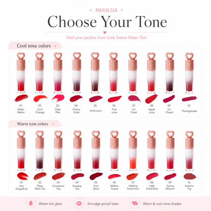 Korean MOOLDA Love Core Tattoo Water Lip Tint WW01-WW10 Long Lasting Stain