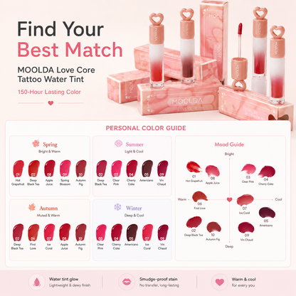 Korean MOOLDA Love Core Tattoo Water Lip Tint WW01-WW10 Long Lasting Stain